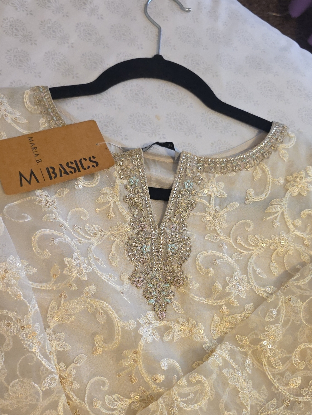 Maria B Basics Women's Cream Embroidered Tunic with Sequin Detail